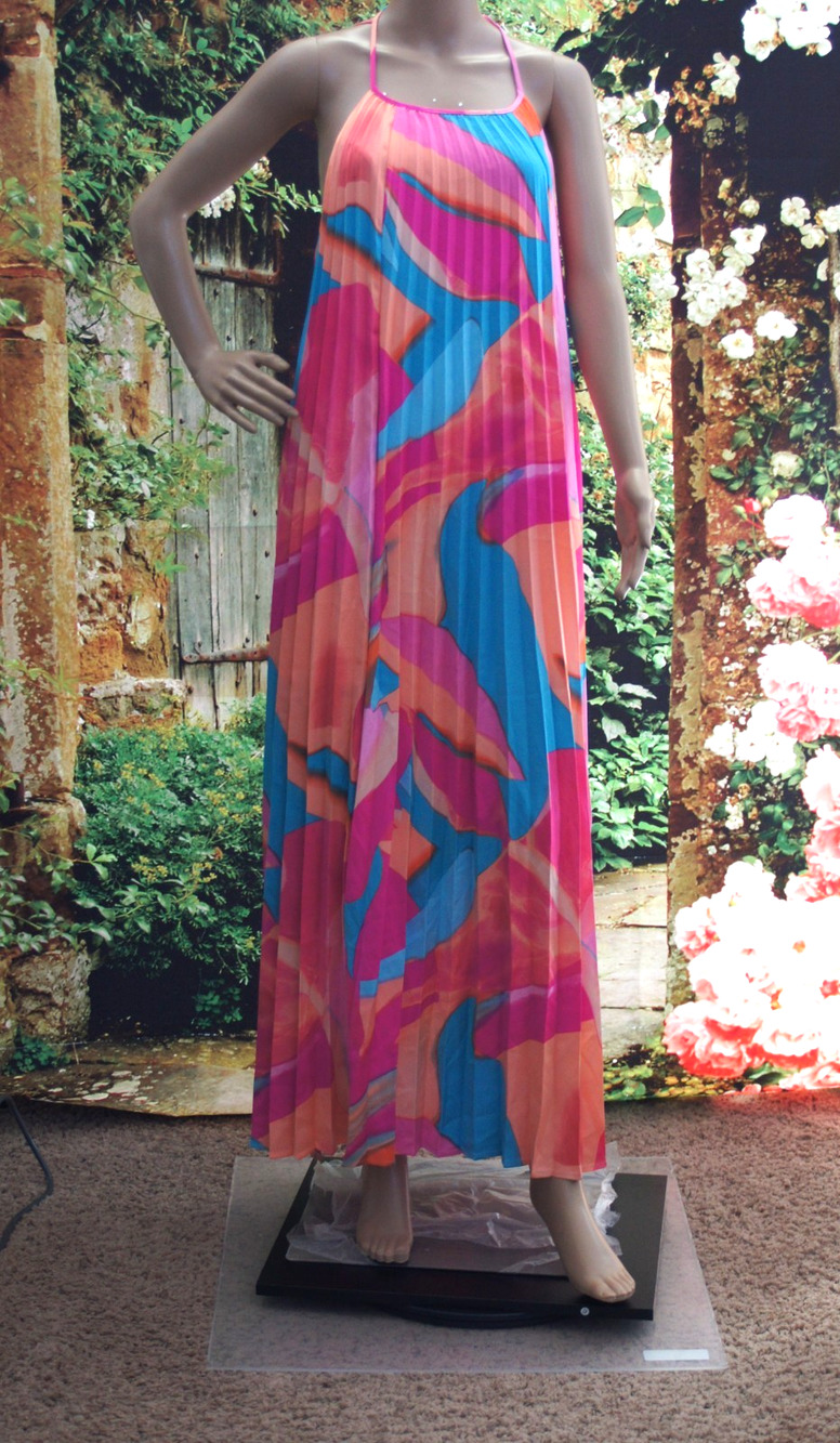 Avec Les Filles Neon Abstract Print Pleated Maxi Dress size 2